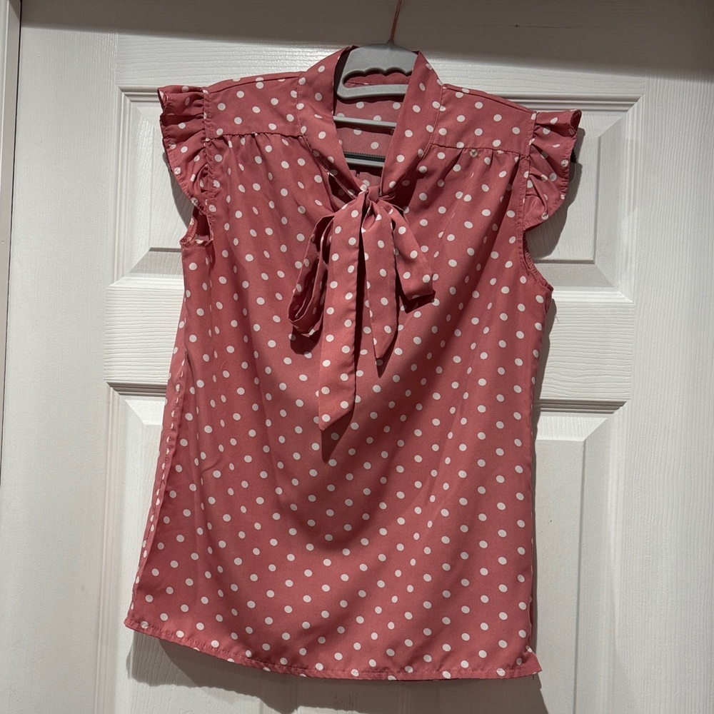 Pink Polka Dot Ruffle Sleeve Blouse